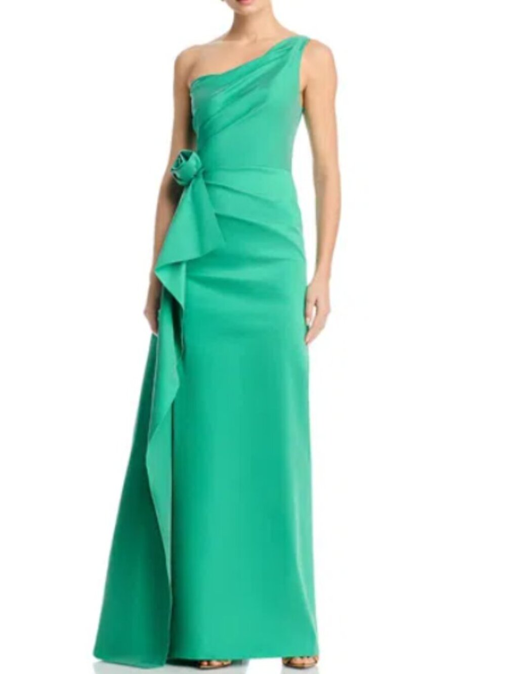 TERI JON BY RICKIE FREEMAN Flower-Corsage One-Shoulder Taffeta Gown